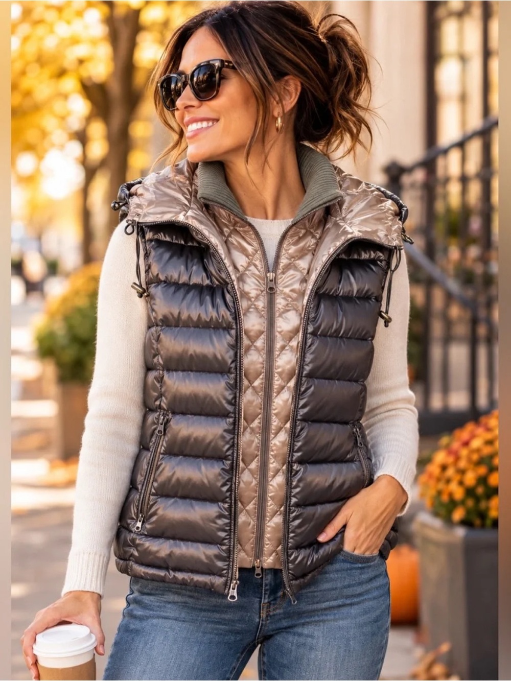 Bernardo EUC Packable Hooded Down Puffer Vest Metallic Gray Taupe Medium